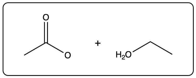 Chemical structure showing ethyl acetate reacting with water in hydrolysis.