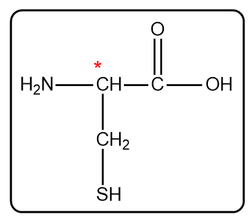 Cysteine structure with one asterisk indicating a chiral carbon atom.