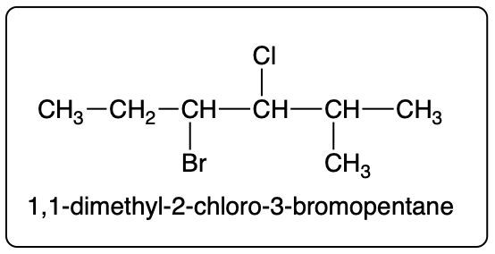 Condensed structural formula and IUPAC name for 1,1-dimethyl-2-chloro-3-bromopentane.