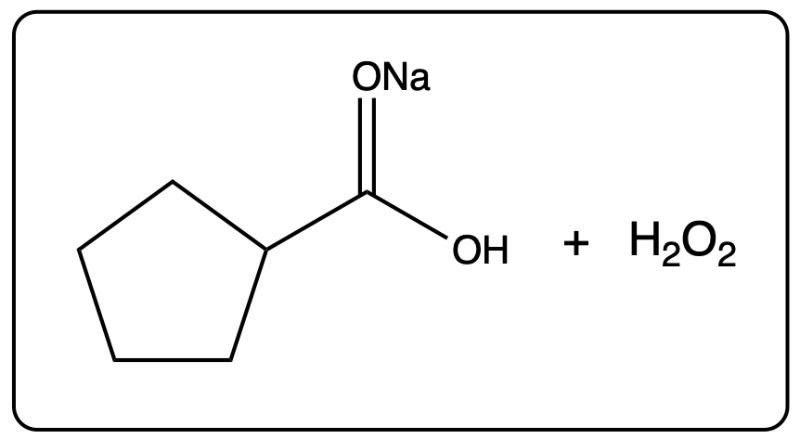 Reaction of cyclopentanecarboxylic acid with NaOH producing a sodium salt and hydrogen peroxide.