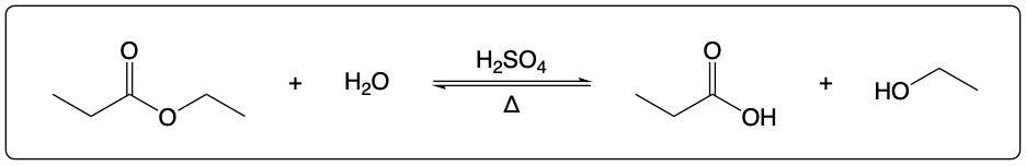 Chemical equation for acid hydrolysis of propyl acetate in ester reactions.