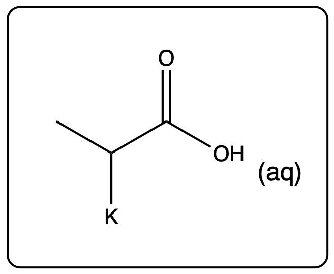 Structure of potassium propanoate with hydroxide in aqueous solution.