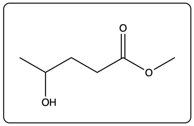 Chemical structure of methyl 3-hydroxybutanoate featuring hydroxyl and ester groups.