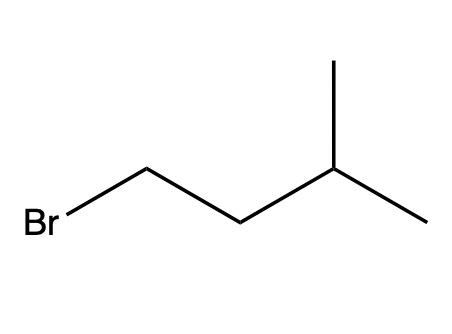 Skeletal formula of 1-bromo-3-methylbutane, highlighting the carbon backbone and bromine.