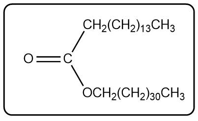 Structure of myricyl palmitate with a C16:0 carboxylic acid derivative.