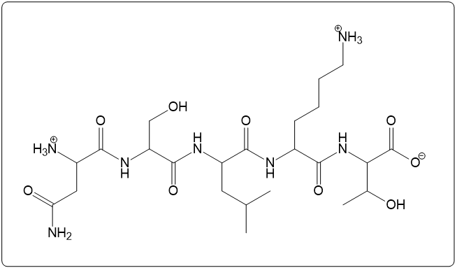 Peptide structure for Gln–Ser–Leu–Lys–Thr with one-letter abbreviation QSLKT.