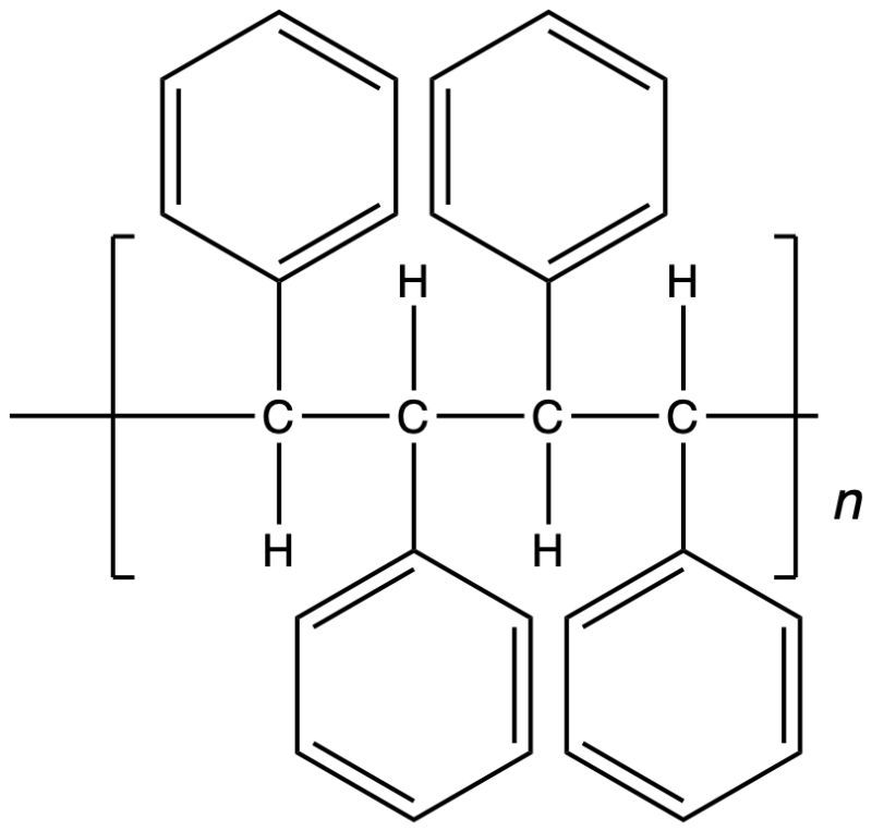 Chemical structure of a polystyrene polymer with three phenyl groups.