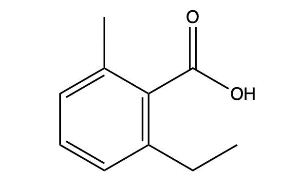 Line-angle formula of 3-ethyl-2-methylbenzoic acid with a hydroxyl group attached.