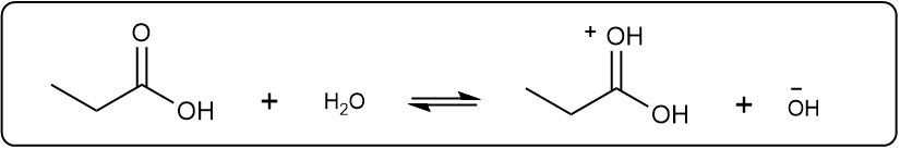 Chemical equation for propanoic acid ionization in water, showing hydroxide and acetate ions.