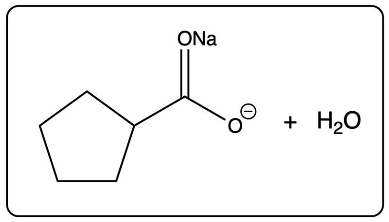 Reaction of cyclopentanecarboxylic acid with NaOH producing a sodium salt and water.