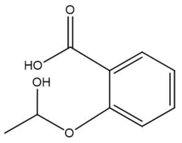 Structural formula of aspirin showing an ester group formed from ethanoic acid and salicylic acid condensation.