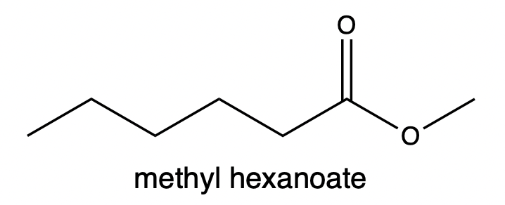 Line-angle formula of methyl hexanoate with its name labeled.