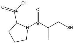 Captopril structure with two chiral centers marked with asterisks.