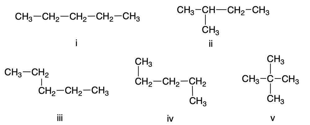 Condensed structural formulas of n-pentane conformers labeled i to v for isomer identification.