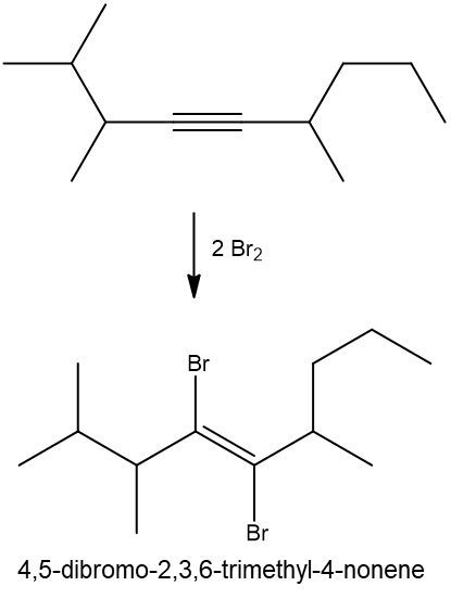 Halogenation reaction of an alkyne with Br2, yielding 4,5-dibromo-2,3,6-trimethyl-4-nonene.