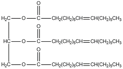 Structure of glyceryl tripalmitate with three palmitic acid chains attached to glycerol.