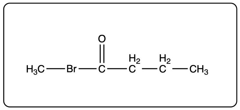 Condensed structural formula of 2-bromo-3-hexanone showing a carbonyl group.