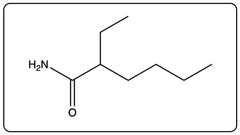 Structure of 2-ethylhexanamide showing the amide functional group.