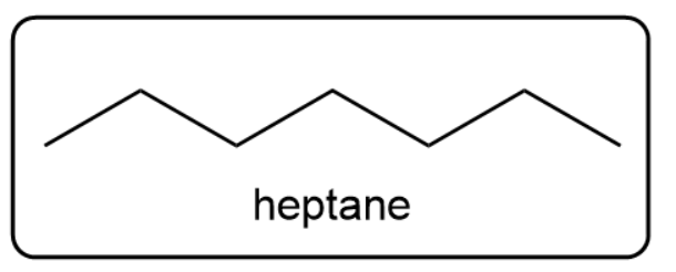 Skeletal structure of heptane with the label 'heptane' below.