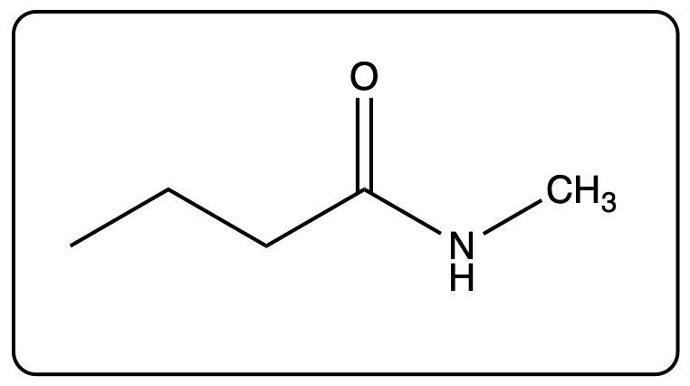 Chemical structure of N-methylbutanamide, product of butanoic acid and methylamine.