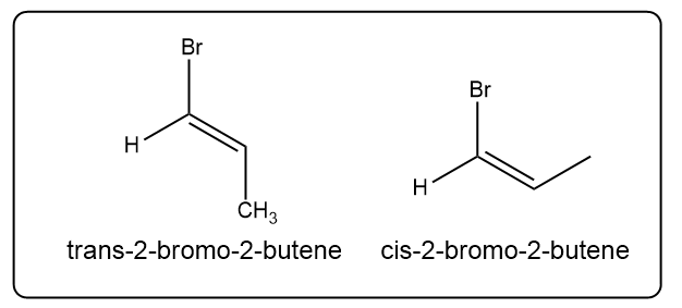 Another representation of trans and cis isomers of 2-bromo-2-butene with hydrogen atoms.