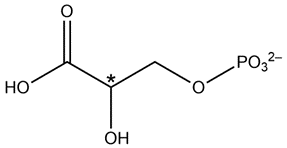 Molecule of 2-phosphoglyceric acid with a chiral center marked by an asterisk.