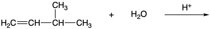 Chemical reaction showing alkene hydration with water and H+ ion.