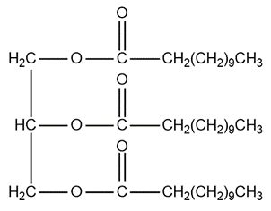 Chemical structure of glyceryl trilaurate with three nonanoic acid chains.