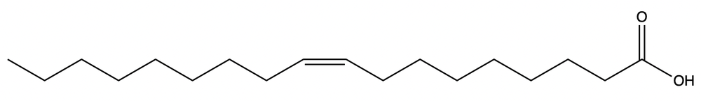 Line-angle formula of oleic acid, a monounsaturated fatty acid.