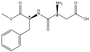 Chemical structure of aspartame with two chiral centers marked with asterisks.