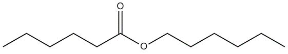 Structure of ethyl hexanoate, with hexanoic acid and ethyl alcohol components.