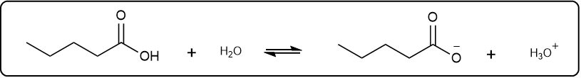 Balanced equation for hexanoic acid ionization with acetate and hydronium ion.