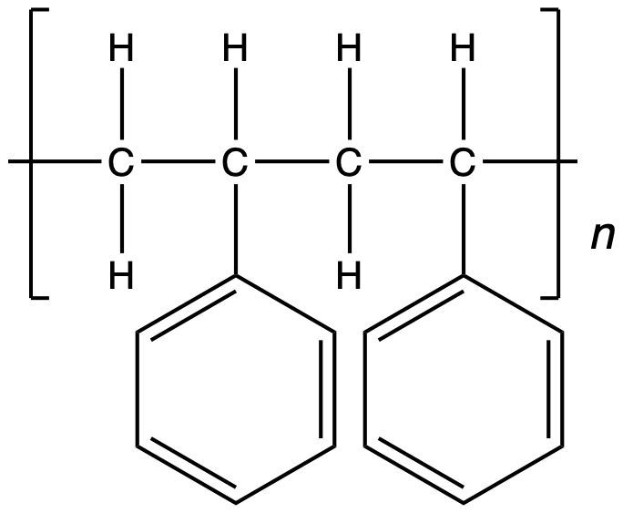 Chemical structure of a polystyrene polymer with four phenyl groups and carbon atoms.
