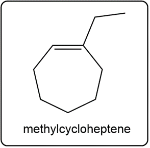 Line-angle structure of methylcycloheptene, an 8-membered cycloalkane.