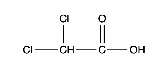 Condensed structural formula of 3,3-dichloropropanoic acid with chlorine atoms on both ends.