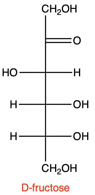 Fischer projection of D-fructose with labeled groups.