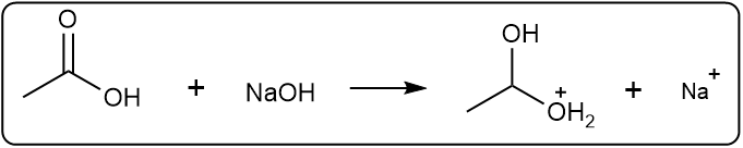 Chemical equation showing acetic acid reacting with NaOH to form products.