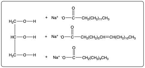 Chemical structure showing sodium salts produced in fat saponification.