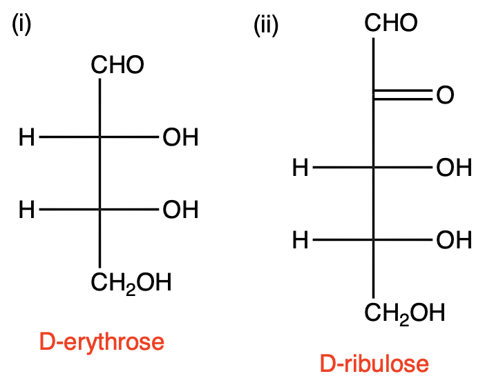 Fischer projections of D-erythrose and D-ribulose enantiomers.