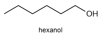 Structural formula of hexanol showing the -OH group for naming carboxylic acids.