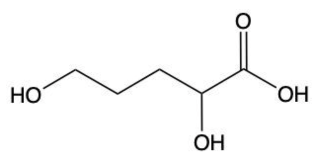 Structural formula of a hydroxy-substituted carboxylic acid molecule with a five-carbon chain.
