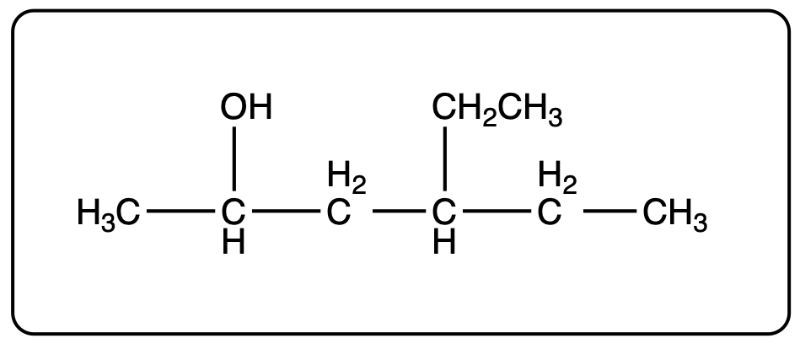 Condensed structure of 4-ethyl-2-hexanol, showing carbon and hydroxyl groups.