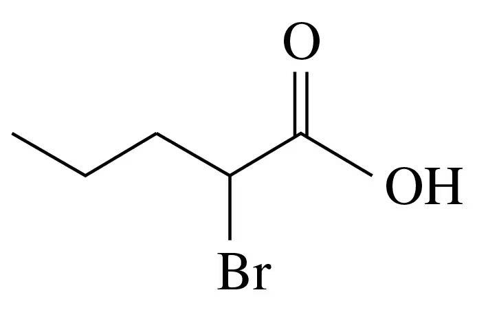 Structural formula of a carboxylic acid with a bromine atom, showing functional groups: -COOH and -Br.