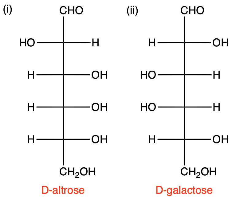 Fischer projections of D-altrose and D-galactose enantiomers.