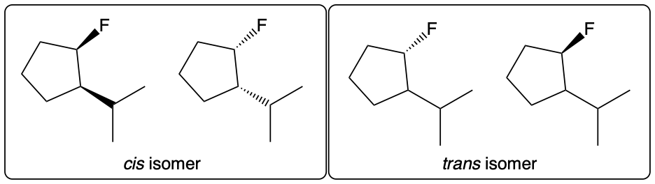 Cis and trans stereoisomers of 1-fluoro-2-isopropylcyclopentane with wedge and dash bonds.