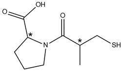 Captopril structure with three chiral centers marked with asterisks.