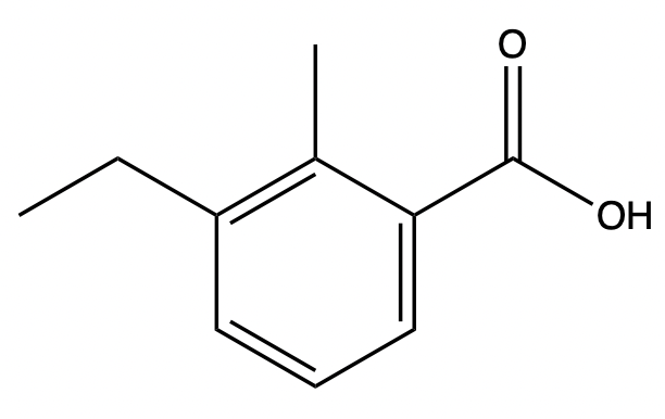 Line-angle formula of 3-ethyl-2-methylbenzoic acid showing the carboxylic acid functional group.