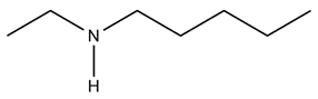 Line-angle formula of ethylpentylamine with nitrogen and hydrogen atoms shown.