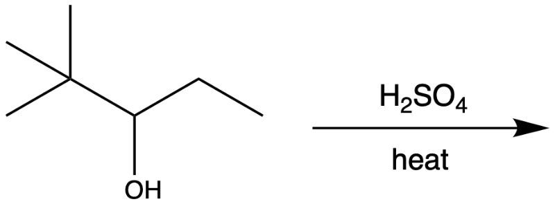 Chemical structure of an alcohol with OH group and H2SO4, indicating dehydration reaction.