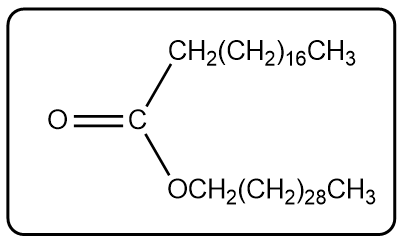 Structure of myricyl palmitate showing a C16:0 carboxylic acid derivative.